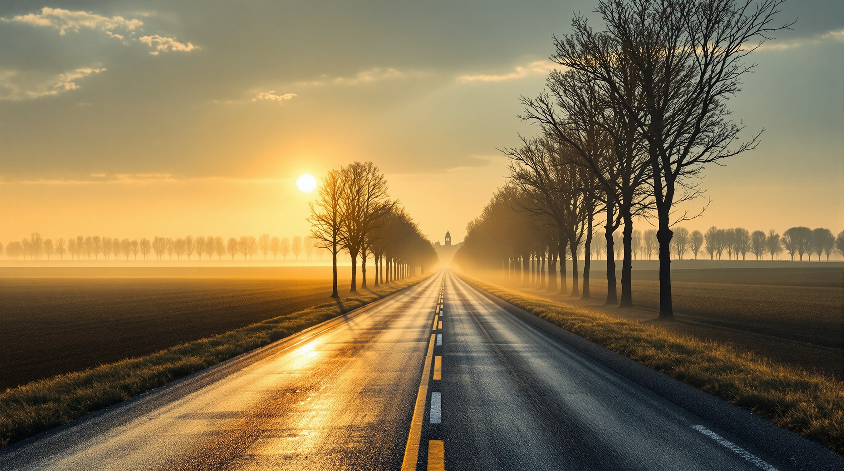 An empty country road at dawn crossing the flat Veneto plain towards a distant bell tower